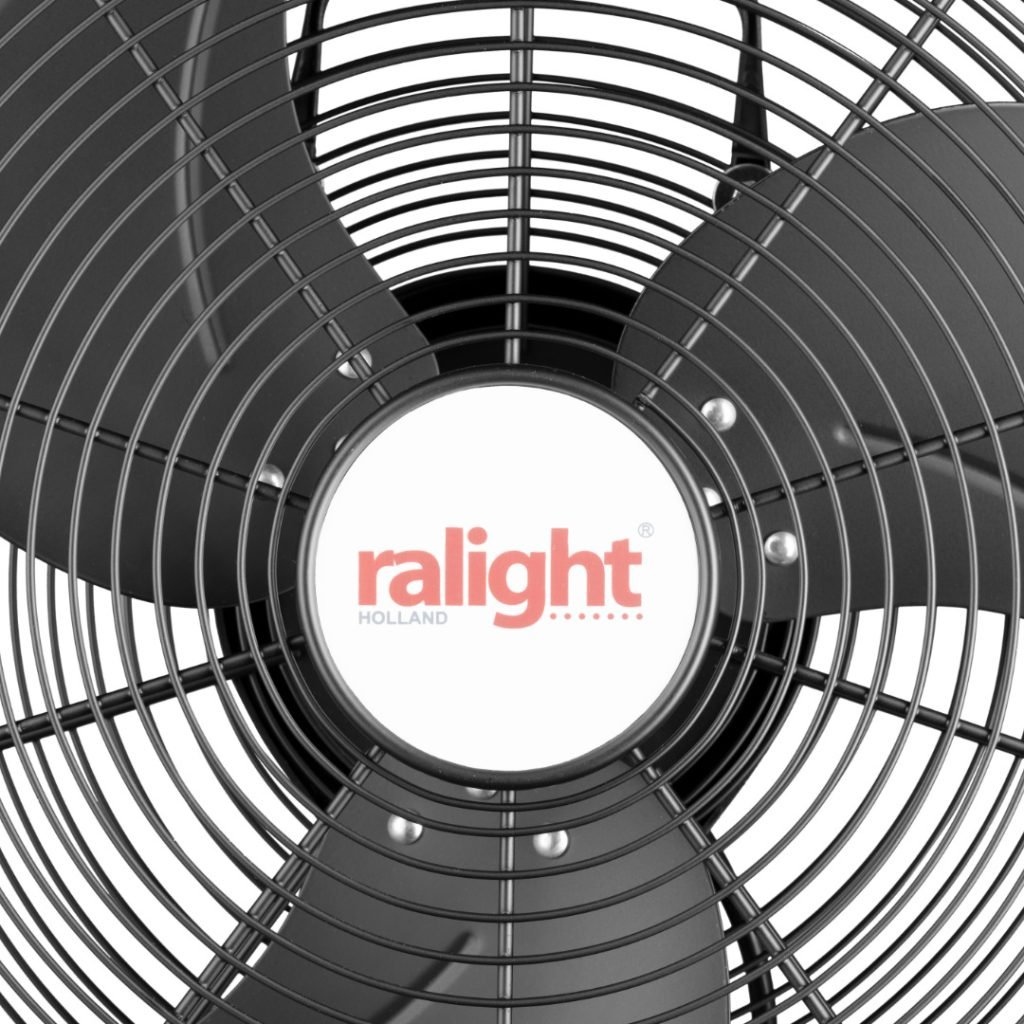 Detail van Ralight staande ventilator met zwarte ventilatorkop en beschermrooster