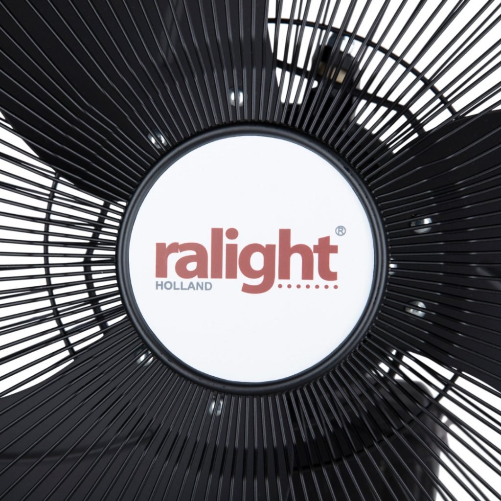 Close-up van Ralight plafondventilator motorunit met logo en zwarte afwerking
