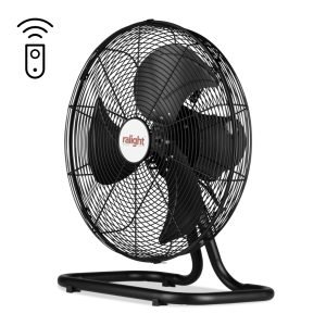 Ralight zwarte vloerventilator met afstandsbediening voor krachtige luchtcirculatie en verkoeling