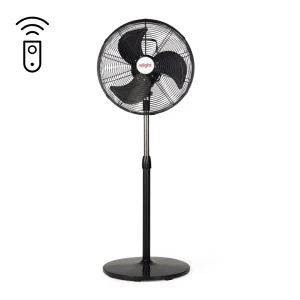 Zwarte Ralight statiefventilator met verstelbare hoogte en afstandsbediening voor comfortabele verkoeling
