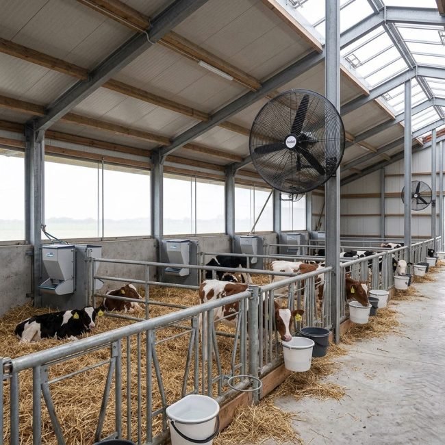 Wandventilatoren bij de kalfjes in de stal
